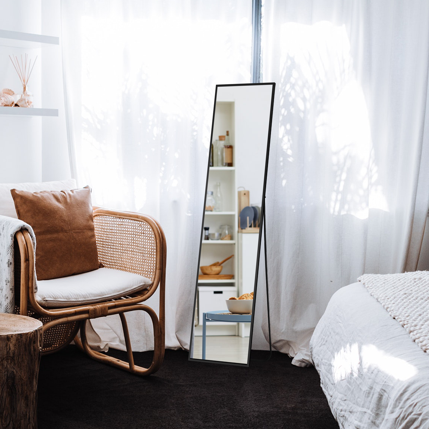 Standing Mirror Full Length Mirror,Large Floor Mirror with Aluminium Frame for Door Bedroom Bathroom Living Room (56x15-Black)