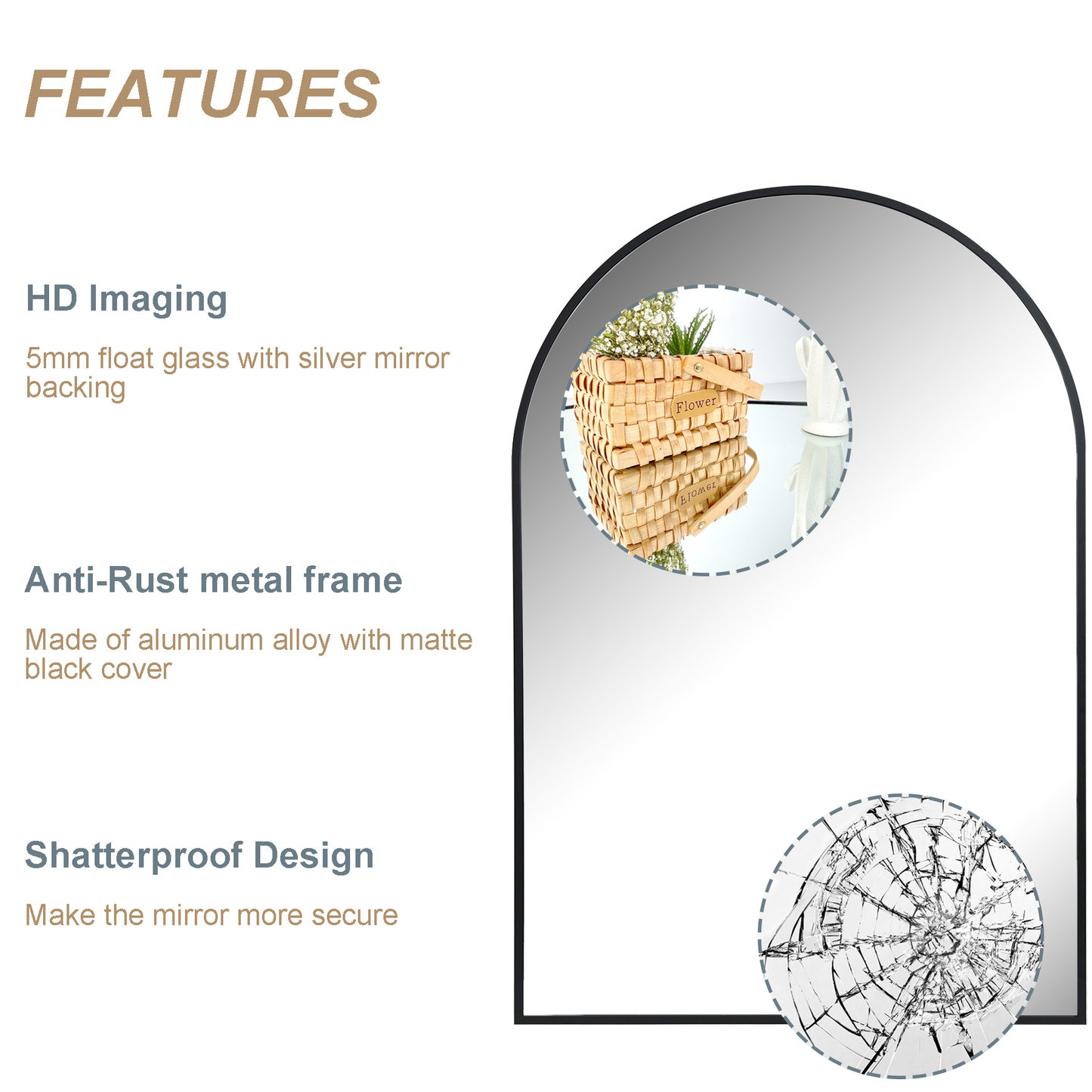 Arched Bathroom Mirror for Wall,Mirror for Vanity,24''x36'' Large Wall Mounted Mirror, Metal Frame (Black)